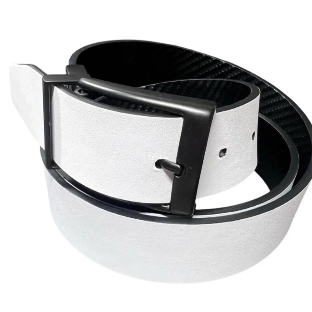 NIKE Men Double Row Stitched Reversible Leather Belt Black/White Silver Buckle